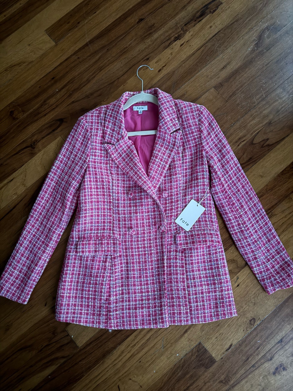 Fate Pink & White Tweed Double-Breasted Blazer
